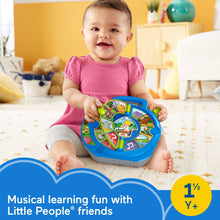 Blue toddler musical learning toy with animal picture dial and raised handle