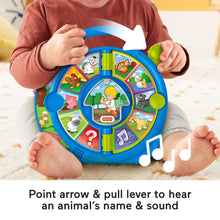 Blue toddler animal music toy with pull lever and colorful picture windows