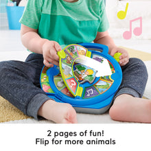 Blue toddler musical learning toy with flip animals dial and green buttons