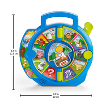 Blue animal music learning toy with green side button and carrying handle