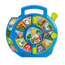 Blue animal music learning toy with circular dial, green lever, and picture panels