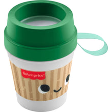 Fisher-Price mini coffee cup teether with green lid and teal carrying strap