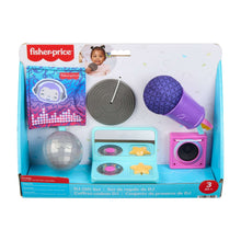 Fisher-Price DJ gift set retail box with purple speaker, disco ball, and activity toys