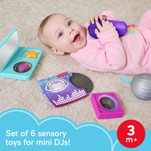 Mini DJ sensory toy set with purple speaker, pink music cube, star and record pieces