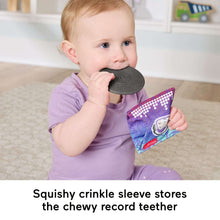 Crinkle sleeve record teether from DJ gift set with purple sleeve and gray disc