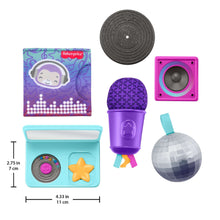 Mini DJ sensory toys set: gray record, purple mic, pink speaker, star and disco ball