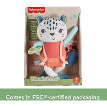 Snow leopard sensory plush toy in Fisher-Price retail box, blue and red outfit
