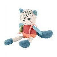 Snow leopard sensory plush toy with teal and orange fabric, soft bean legs