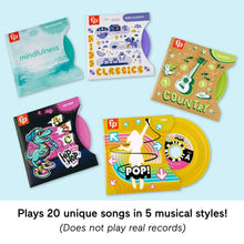 Set of colorful record sleeves with toy turntable record