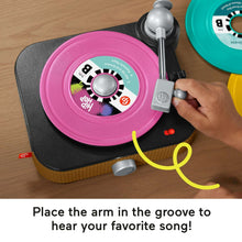 Toddler record player toy with pink turntable record and raised silver arm