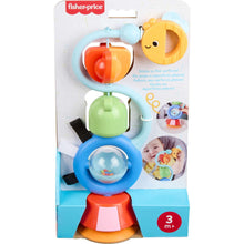 Boxed sensory high chair toy with blue frame, green frog and orange rattle