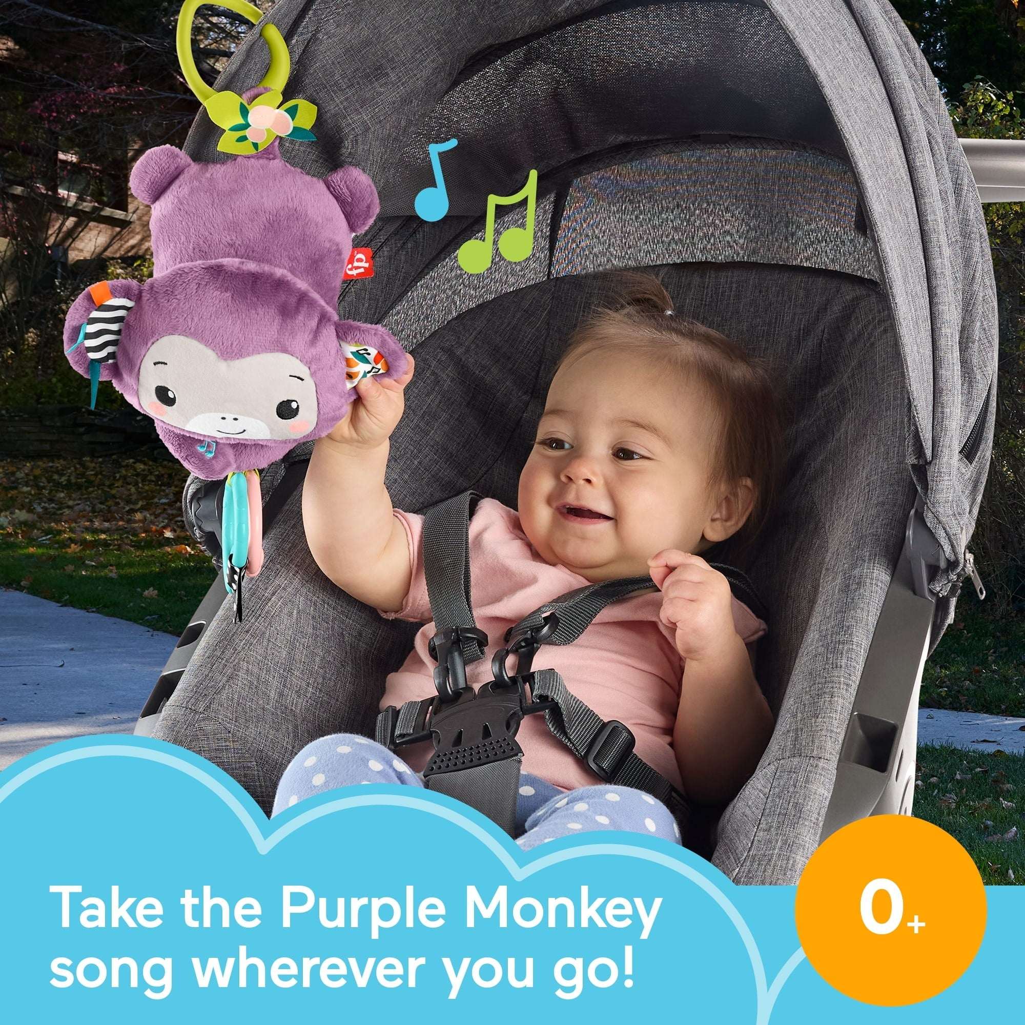 Fisher-Price Sing & Go Purple Monkey Plush Baby Stroller Sensory Toy for Newborns