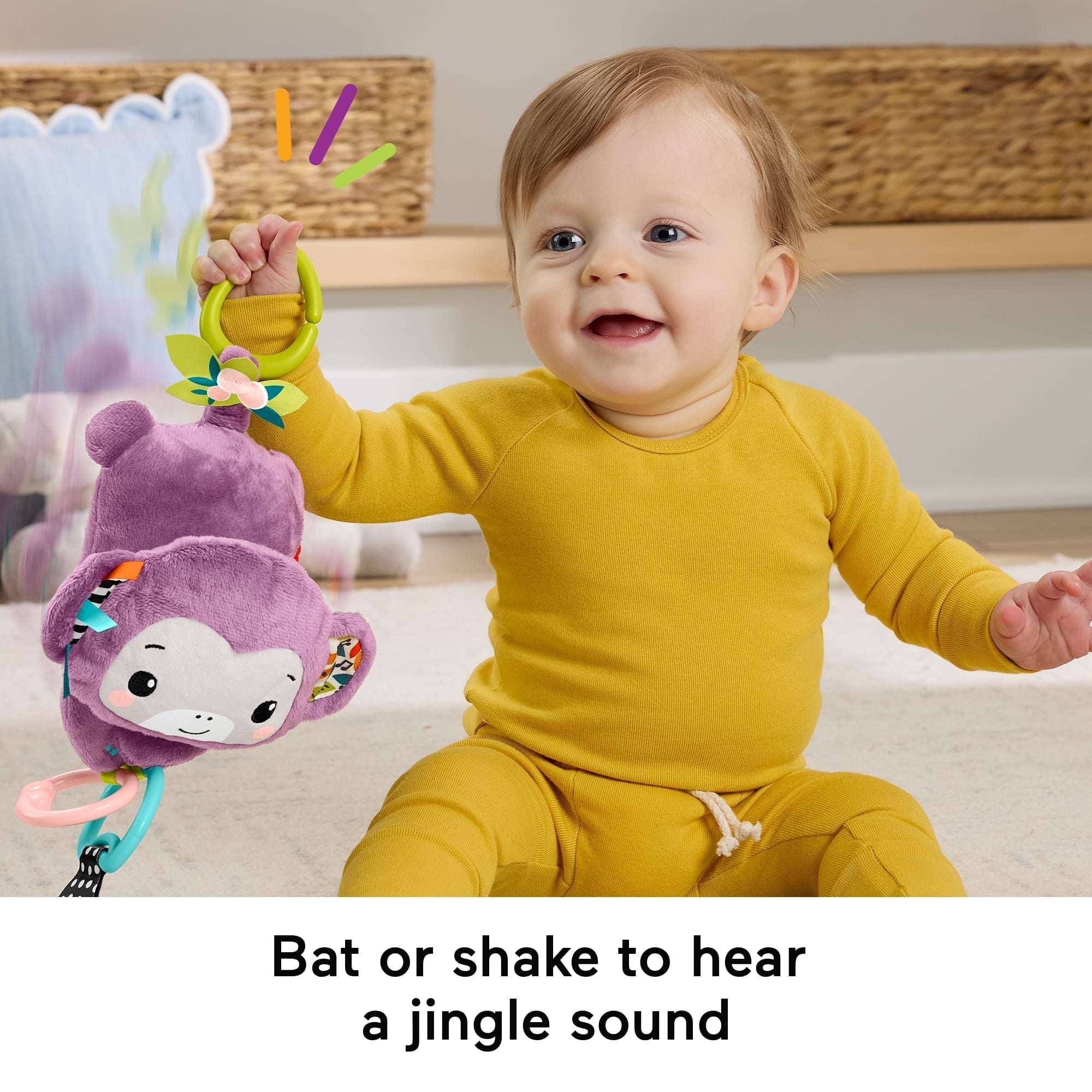 Fisher-Price Sing & Go Purple Monkey Plush Baby Stroller Sensory Toy for Newborns