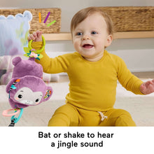 Purple monkey plush stroller sensory toy with colorful ribbons and hanging ring