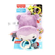 Purple monkey plush stroller sensory toy in retail box with clacker ring and ribbons