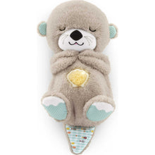 Plush otter baby sound machine with gray fabric, smiling face, and blue fin details