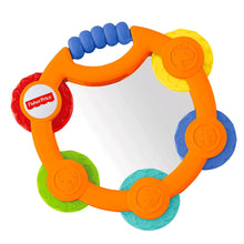 Orange-and-blue plastic tambourine with round rattle cymbals