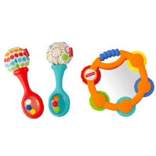 Tambourine and maracas toy set with orange, red, blue, and green parts