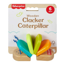 Wooden clacker caterpillar rattle with colorful wooden segments and blue posts