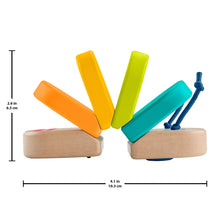 Wooden caterpillar clacker rattle with stacked orange, yellow, green, teal bars