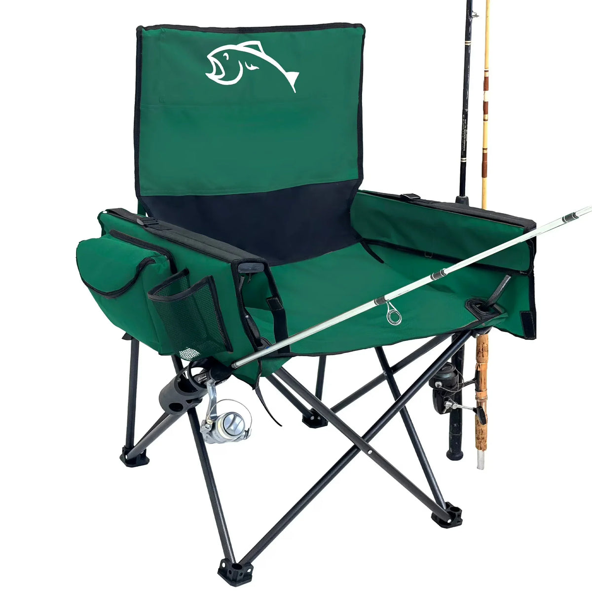 Fishing Chair with Rod Holder Built In Cooler Hands Free Fishing Pole Holder - Storage Pouch Storage Bag for Fishing Accessories Full Size Portable & Folding Ruler for Measuring Fish - USA MEGA SHOP