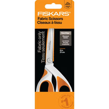 Fiskars fabric scissors retail package, orange and black with 8 in label