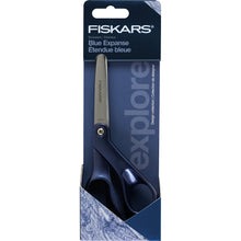 Fiskars Blue Expanse craft scissors in retail package with hanging header