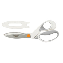 Fiskars PowerCut shears with white handles, orange pivot, 9-inch stainless blades