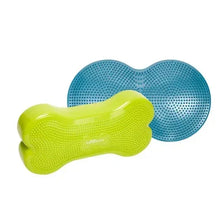 Inflatable dog fitness bone and blue textured balance disk, lime green and blue