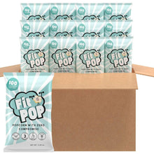 FitPop popcorn snack bags in mint-and-white packs, shown in a carton
