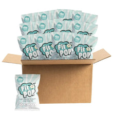 FitPop popcorn snack bags, mint packs stacked in a brown shipper box