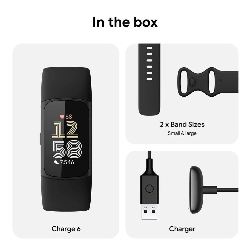 Fitbit Charge 6 Small Fitness Watch, Black Aluminum Case with Obsidian & Frost White Bands - USA MEGA SHOP