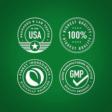 Certification seals on green background: USA, 100% quality, ethically sourced, GMP