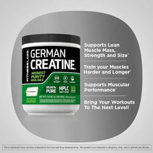 Creatine supplement powder container with Supports Lean Muscle Mass strength and size text