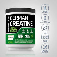 Creatine supplement powder container with gluten-free, milk & lactose free, soy-free icons