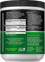 Creatine supplement powder container back label with Supplement Facts and directions