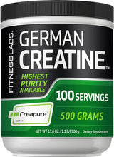 Creatine supplement powder container with German Creatine label, 100 servings, 500 grams