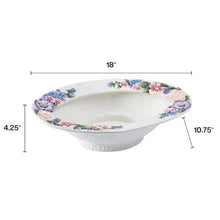Oval centerpiece bowl, white ceramic with colorful flower wreath rim