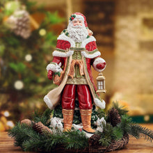 Grand Santa figurine in red outfit with lantern, standing on decorated base