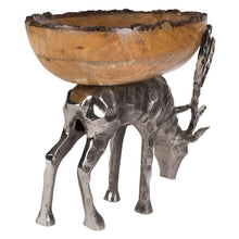 Wood centerpiece bowl on hammered-metal reindeer pedestal with raised rear legs