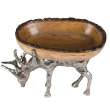 Wood centerpiece bowl on hammered-metal reindeer pedestal, round bowl and rim detail