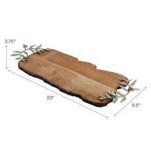 Wood serving board, 23"L x 9.5"W x 2.75"H, with metal leaf and berry accents