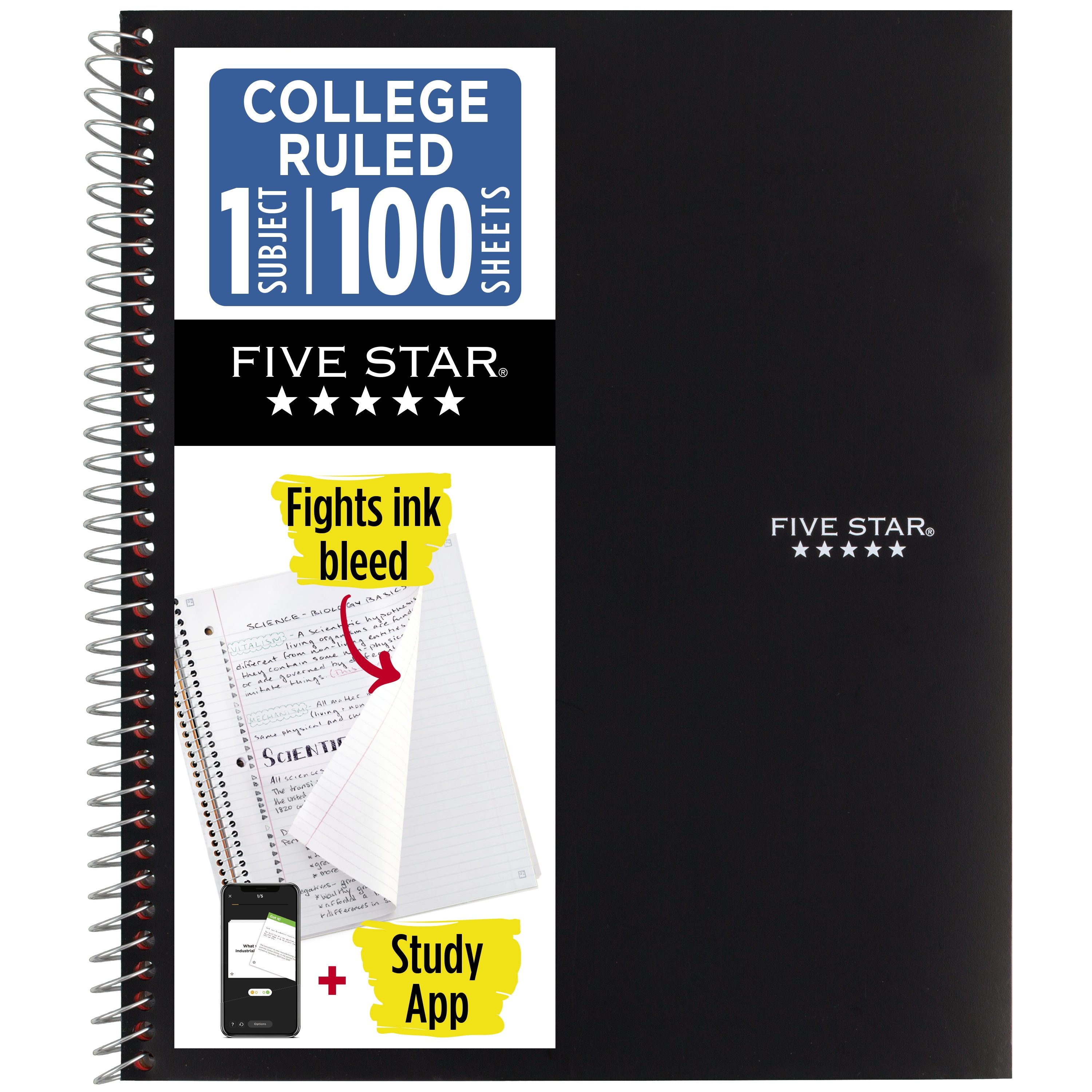 Five Star 1 Subject College Ruled Notebook Plus Study App, 8.5" x 11", Black, Poly, Spiral, 100 Sheets