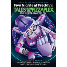 Graphic novel paperback cover with purple and white animatronic character