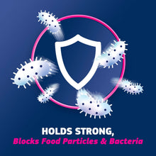 Max hold denture adhesive illustration with shield and germ-blocking icons