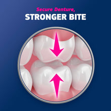 Denture adhesive max hold illustration showing stronger bite arrows