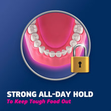 Denture adhesive max hold illustration with locked dentures and padlock icon