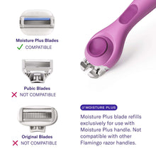 Moisture Plus razor head with blue blades on fig purple handle