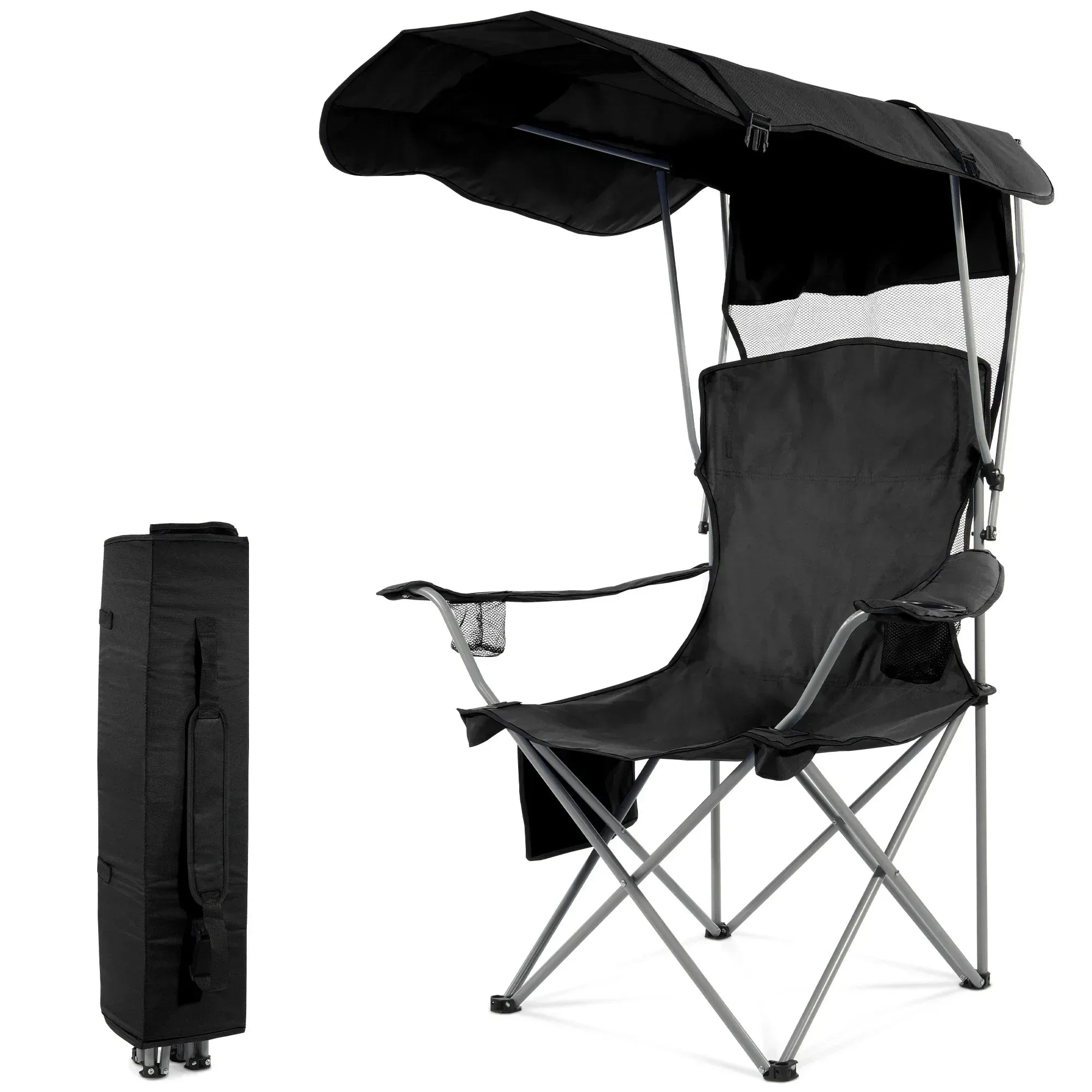 FlexWave Folding Camp Chair，Portable Outdoor Chair，with Shade & Cup Holder，for Camping, Beach, Fishing, and Sports Events