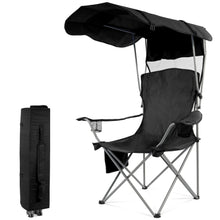 Black folding camp chair with shade canopy, cup holder, and padded armrests